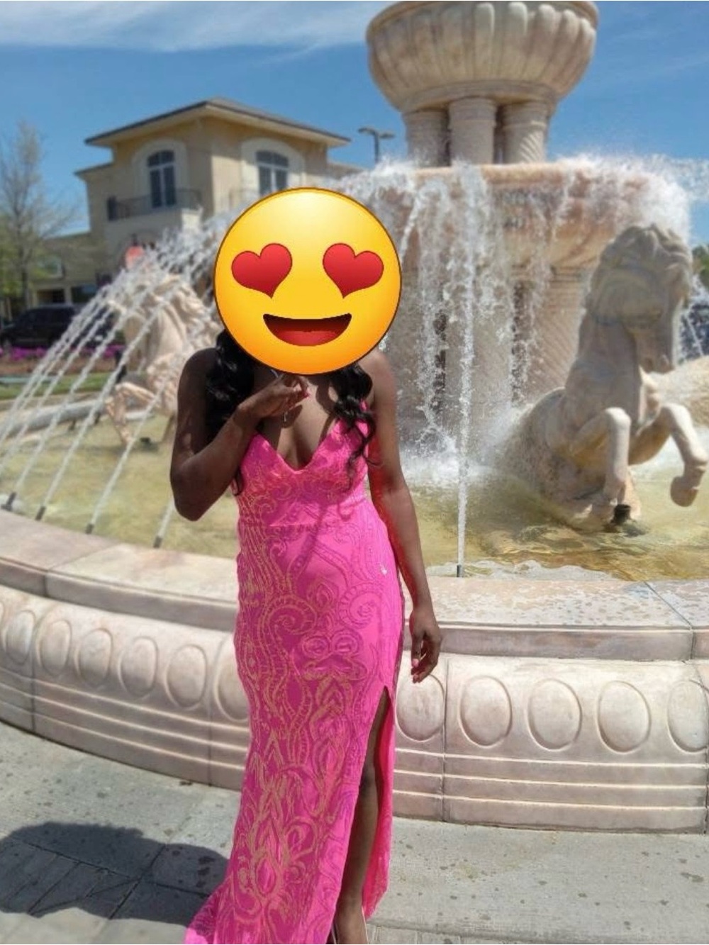 Windsor Hot Pink Lace Prom Gown with Side Slit
